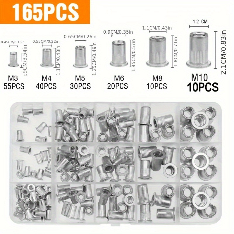 165 τεμάχια σετ Rivet Nut – κράμα αλουμινίου, λευκασμένη επιφάνεια, Κατηγορία A – Rongyuda