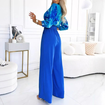 Σετ: τοπ με διασταυρούμενο V-λαιμό και φανάρια μακριά μανίκια, παντελόνια σε φαρδιά γραμμή, ύφασμα mesh