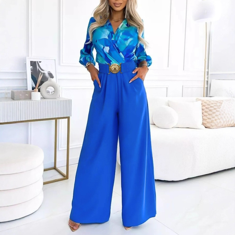 Kombinācija: tops ar krustu V līniju un laternu garajiem piedurknēm, platās garās bikses, sieta audums