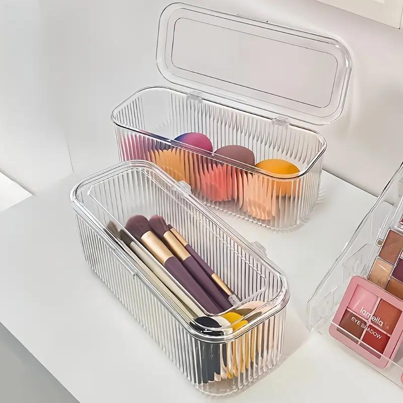 Casetă cosmetică din PET cu capac rabatabil, transparentă, pentru pensule de machiaj, bureți de pudră, ruj și bijuterii (Stil Japonez)