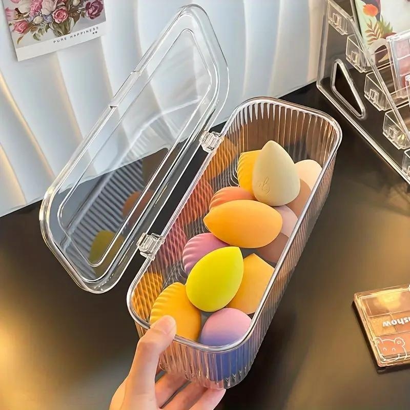 Casetă cosmetică din PET cu capac rabatabil, transparentă, pentru pensule de machiaj, bureți de pudră, ruj și bijuterii (Stil Japonez)