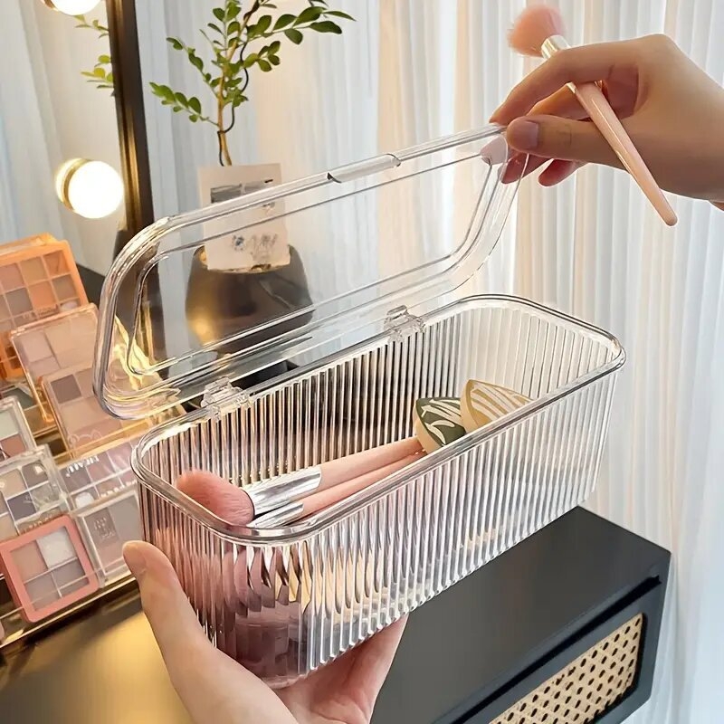 Casetă cosmetică din PET cu capac rabatabil, transparentă, pentru pensule de machiaj, bureți de pudră, ruj și bijuterii (Stil Japonez)