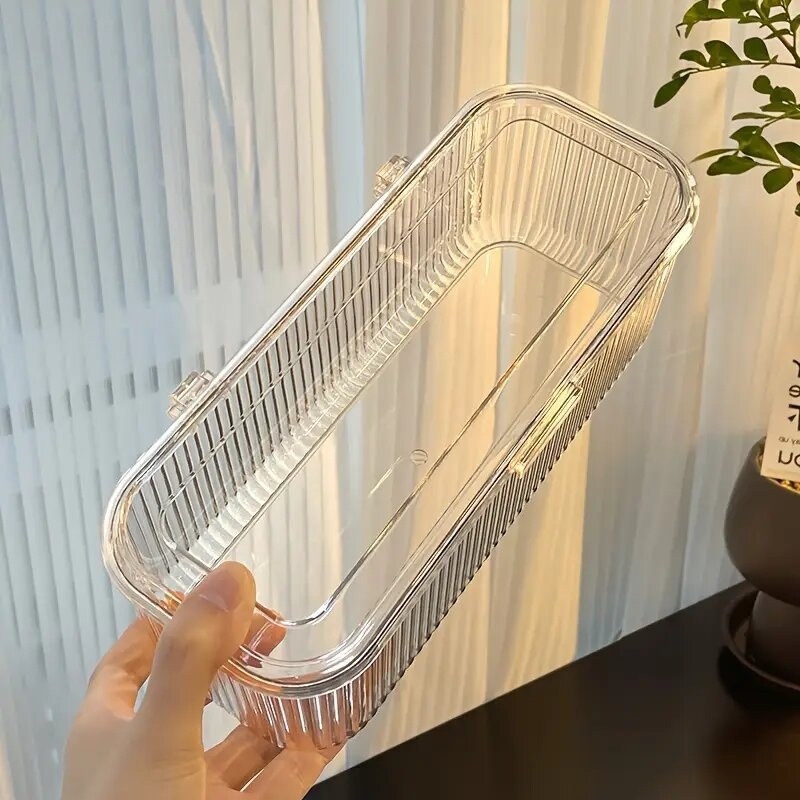 Casetă cosmetică din PET cu capac rabatabil, transparentă, pentru pensule de machiaj, bureți de pudră, ruj și bijuterii (Stil Japonez)