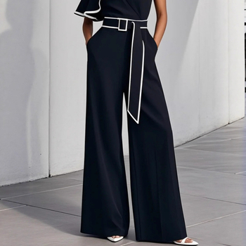 Γυναικεία κομψή ολόσωμη φόρμα με έναν ώμο και αντίθετες ρίγες — πολυεστέρας, υψηλή Μέση, φαρδιές παντελόνες