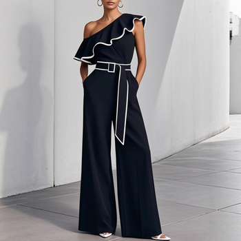 Γυναικεία κομψή ολόσωμη φόρμα με έναν ώμο και αντίθετες ρίγες — πολυεστέρας, υψηλή Μέση, φαρδιές παντελόνες