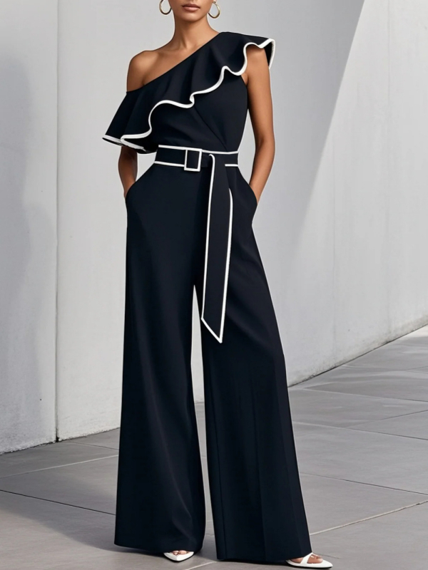 Moteriškas elegantiškas kombinezonas su vieno peties ir kontrastinėmis juostomis, poliesteris, aukštas juosmuo, plataus kirpimo kelnes