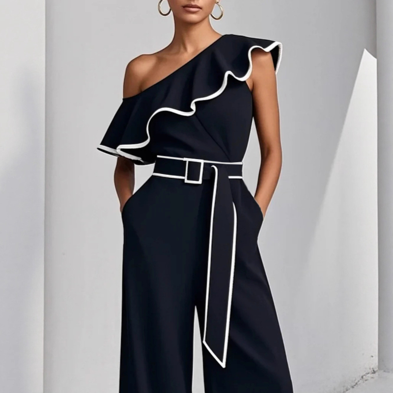 Moteriškas elegantiškas kombinezonas su vieno peties ir kontrastinėmis juostomis, poliesteris, aukštas juosmuo, plataus kirpimo kelnes