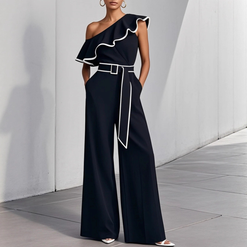 Moteriškas elegantiškas kombinezonas su vieno peties ir kontrastinėmis juostomis, poliesteris, aukštas juosmuo, plataus kirpimo kelnes