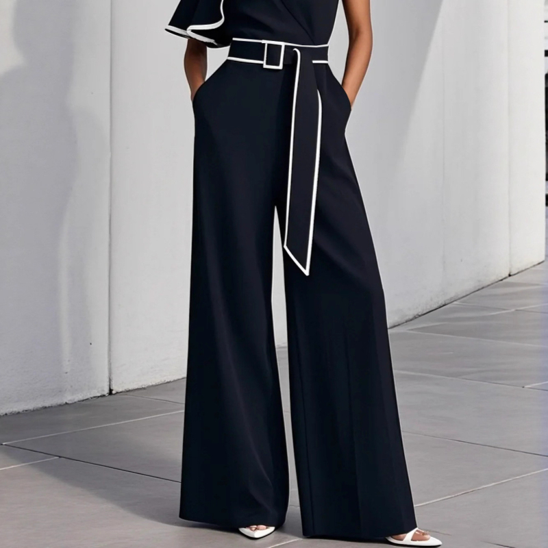 Moteriškas elegantiškas kombinezonas su vieno peties ir kontrastinėmis juostomis, poliesteris, aukštas juosmuo, plataus kirpimo kelnes