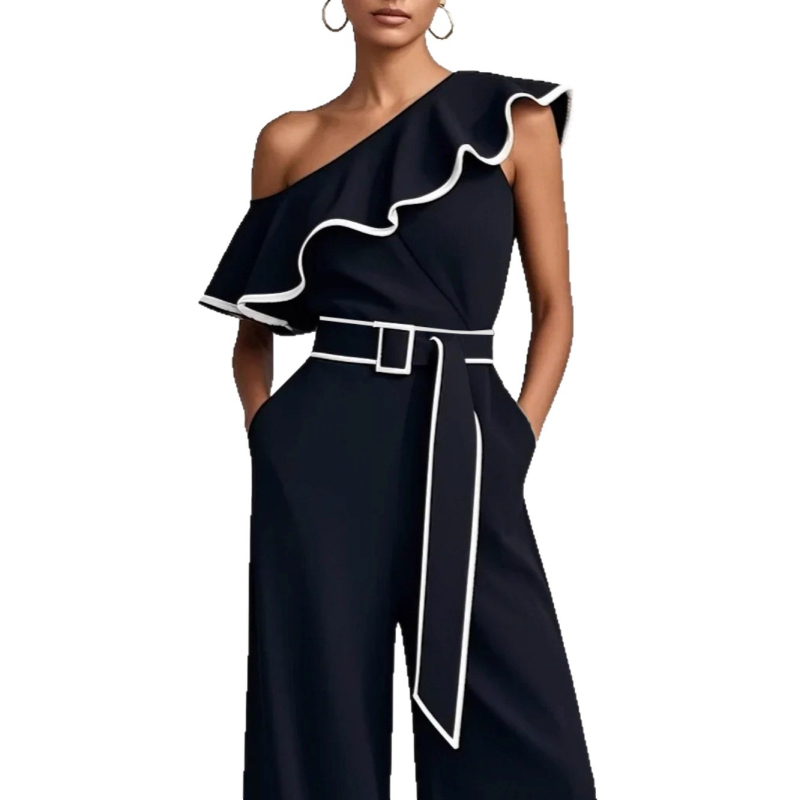 Moteriškas elegantiškas kombinezonas su vieno peties ir kontrastinėmis juostomis, poliesteris, aukštas juosmuo, plataus kirpimo kelnes