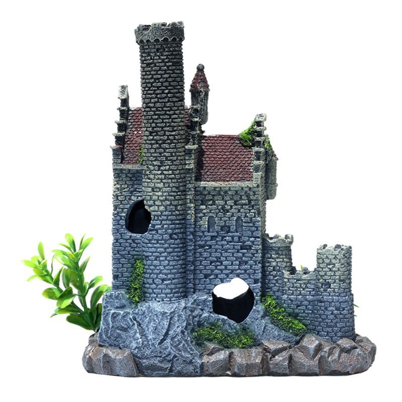Decorațiune acvariu: casă-castel din rășină, marcă Ruiqi Aquarium, pentru peisaj acvariu, decorativ, stil 2024