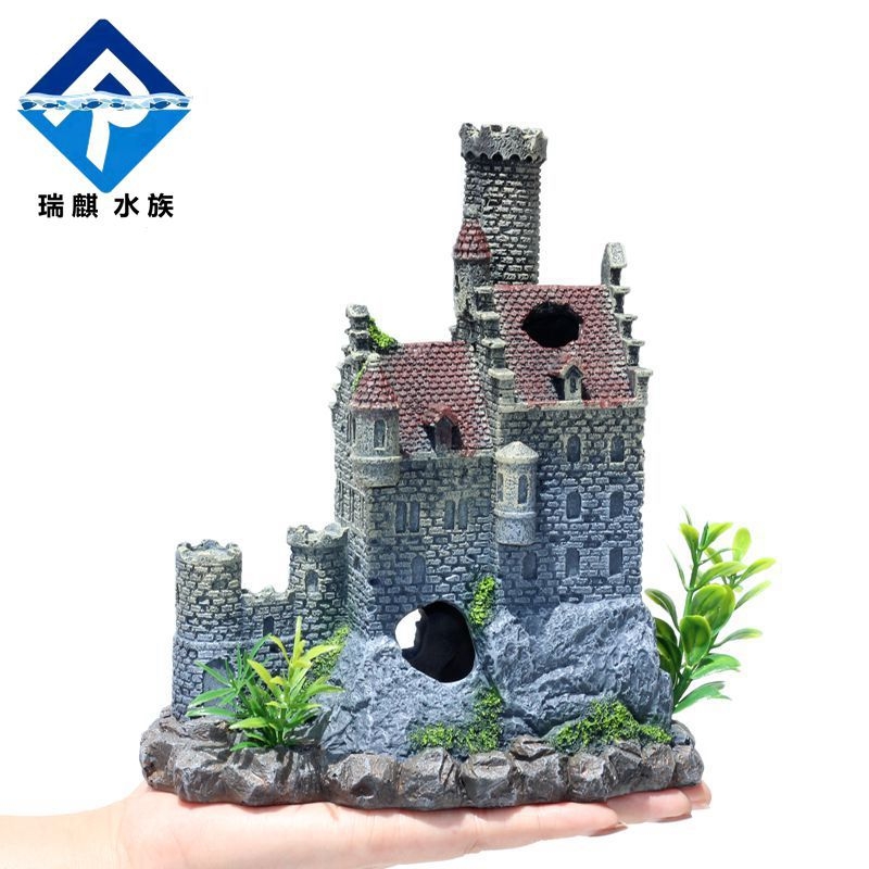 Decorațiune acvariu: casă-castel din rășină, marcă Ruiqi Aquarium, pentru peisaj acvariu, decorativ, stil 2024