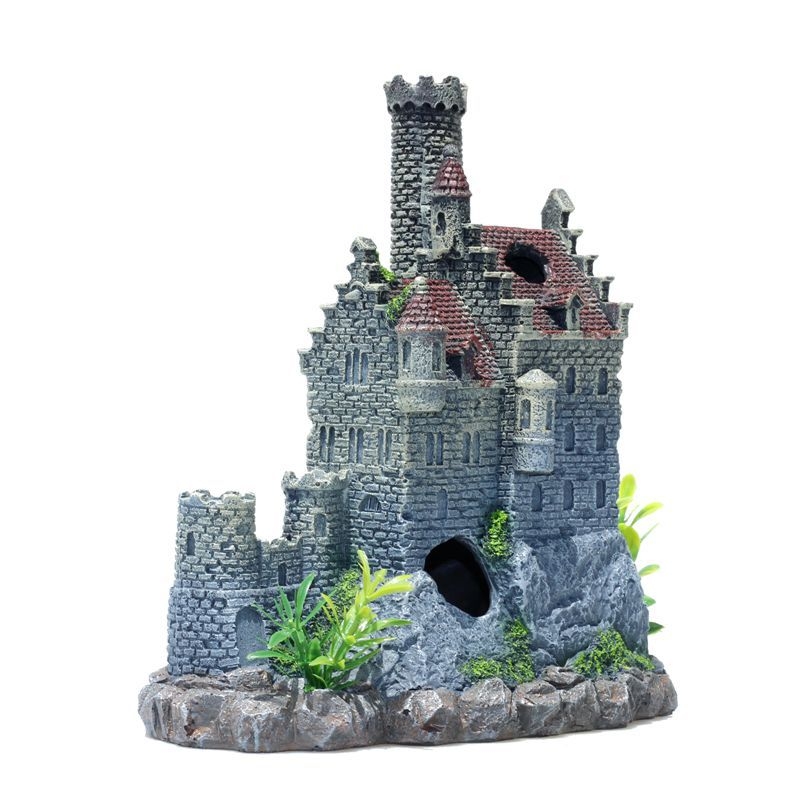 Decorațiune acvariu: casă-castel din rășină, marcă Ruiqi Aquarium, pentru peisaj acvariu, decorativ, stil 2024