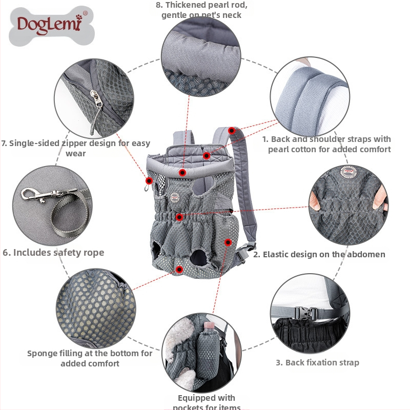 DogLemi Suņu un kaķu krūšu mugursoma, elpojošs Oxford audums un sietu materiāls, 2L ietilpība, mīksts, gatavs privātajai zīmei