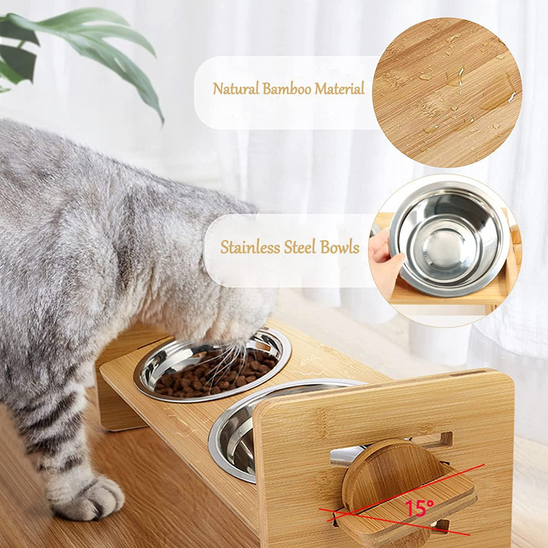 Medinis kačių šėrimo laikiklis su automatine šėrimo sistema