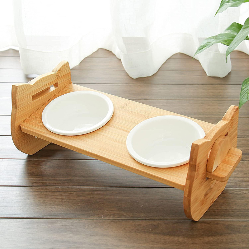 Koka kaķa bļodu statīvs ar divām bļodām, regulējama barošanas stacija, pret apgāšanos aizsardzība