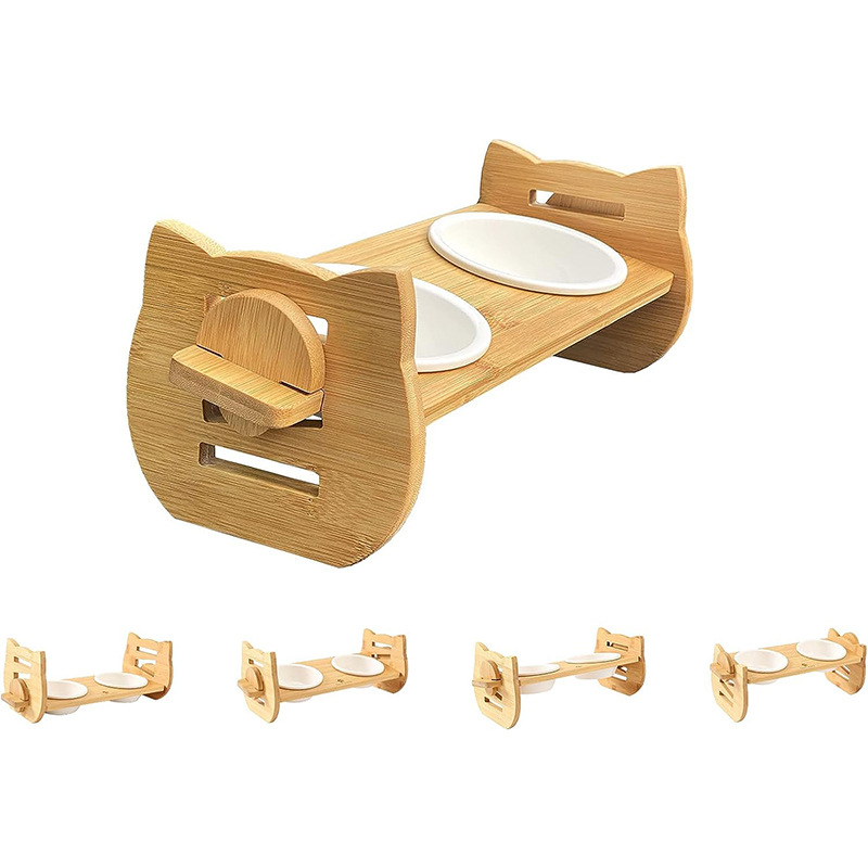 Koka kaķa bļodu statīvs ar divām bļodām, regulējama barošanas stacija, pret apgāšanos aizsardzība