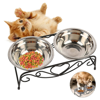 Διπλό μπολ για γάτες και σκύλους με σταθερή βάση κατά της ανατροπής и προστασία αυχένα • Ανοξείδωτο ατσάλι
