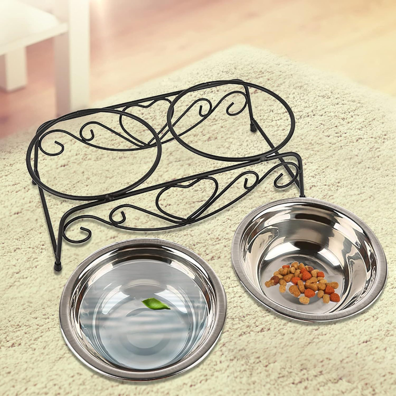 Divpusīga kaķu un suņu ēdiena bļoda ar stabilu pretapgāzšanu statīvu un kakla aizsardzību • Nerūsējošais tērauds