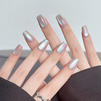 Σετ τεχνητών νυχιών, χειροποίητο, 30 τεμάχια με Cat\'s Eye/Aurora εφέ, αποσπώμενα κοντά νύχια