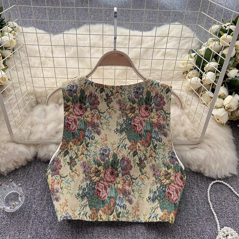 Mintás mellény, V-nyakú, karcsúsított fazon, ultra rövid hosszúság