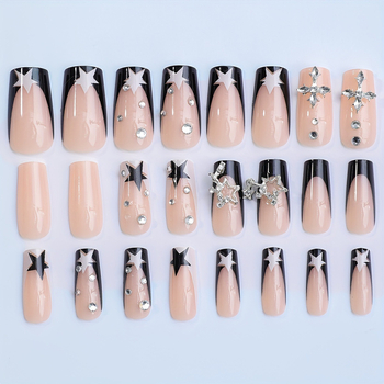 Τεχνητά νύχια με γαλλικό άκρο, σχέδιο σταυρός και αστέρι, διακοσμητικά διαμάντια, άνετα στη χρήση