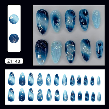 Αποσπώμενα τεχνητά νύχια με 3D κυματισμό, καρδιά, μαργαριάρια και αστέρια, αμυγδαλωτό σχήμα, 24 τεμάχια, ευρω-αμερικανικό στυλ