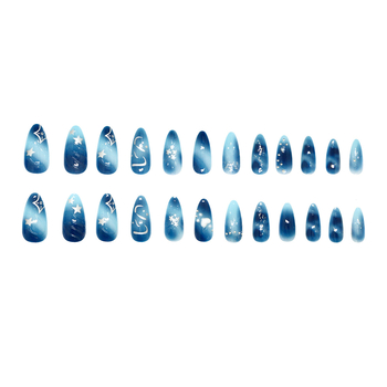 Αποσπώμενα τεχνητά νύχια με 3D κυματισμό, καρδιά, μαργαριάρια και αστέρια, αμυγδαλωτό σχήμα, 24 τεμάχια, ευρω-αμερικανικό στυλ