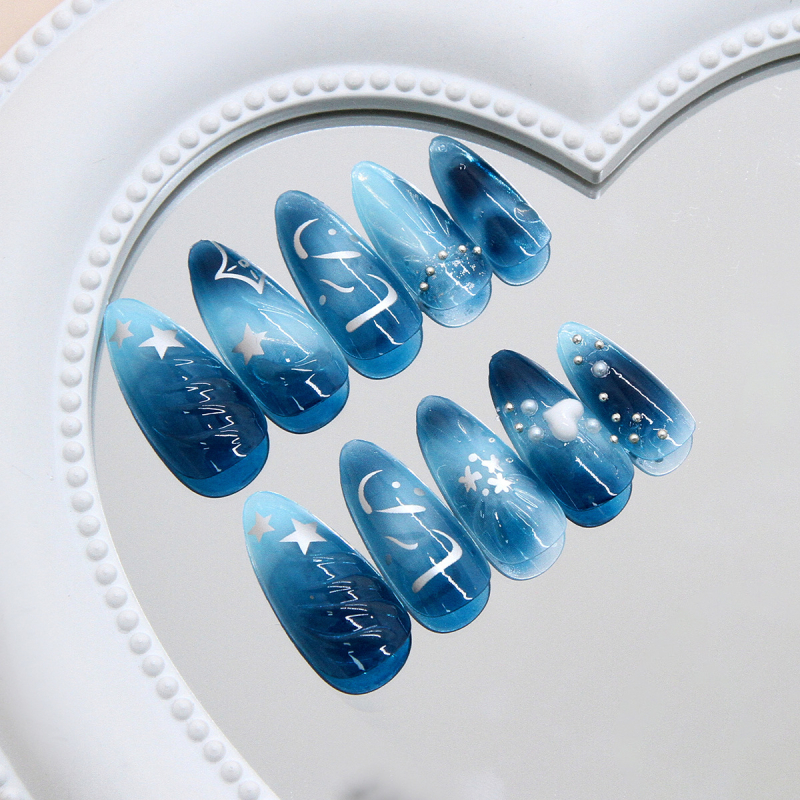 Unghii artificiale detașabile cu valuri 3D, inimă, perle și stele, formă migdală, 24 de bucăți, stil euro-american