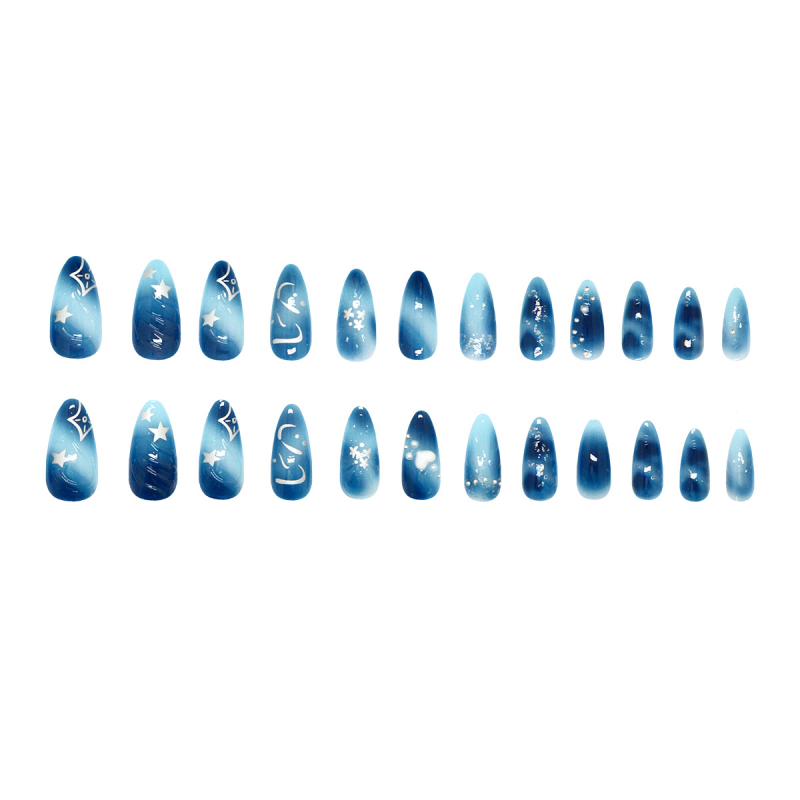 Unghii artificiale detașabile cu valuri 3D, inimă, perle și stele, formă migdală, 24 de bucăți, stil euro-american