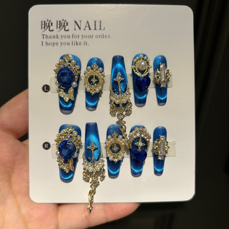 Unghii pur handmade, de purtare, Cat Eye și French, lungi, origine Fujian, marcă locală, pentru femei