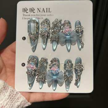 Φορητά νύχια τέχνης – μακρύ σχέδιο, μοτίβο κορδέλα και πεταλούδα, γλυκό/πικάντικο στυλ για κυρίες