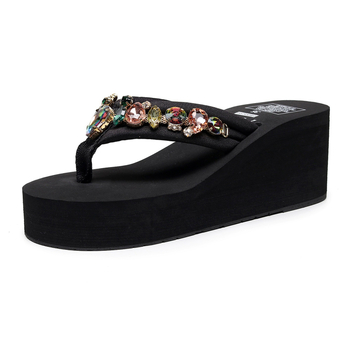 Γυναικείες σανδάλια με ψηλό τακούνι και φαρδιά σόλα με κρύσταλλα (Υλικό επάνω: καθολικό μοντέλο; Κατηγορία προϊόντος: ψαροκόκαλο; Στυλ: εθνοτικό; Υλικό σόλας: καουτσούκ)