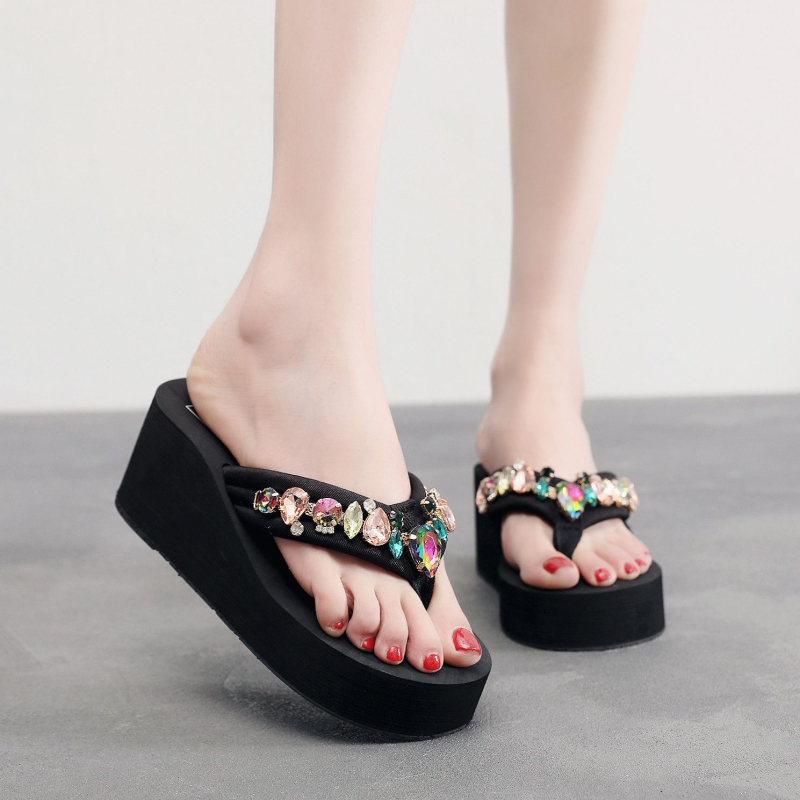 Ženske sandale s visokim petama i debelim potplatom ukrašene kristalima (Gornji materijal: univerzalni model; Kategorija proizvoda: herringbone; Stil: etnički; Potplat: guma)