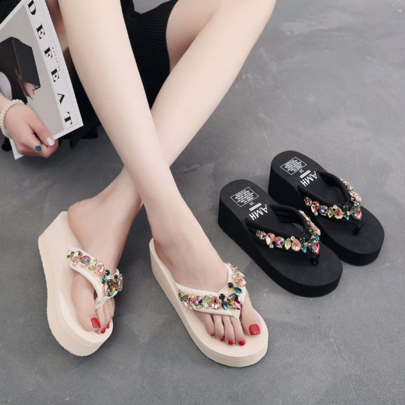 Ženske sandale s visokim petama i debelim potplatom ukrašene kristalima (Gornji materijal: univerzalni model; Kategorija proizvoda: herringbone; Stil: etnički; Potplat: guma)