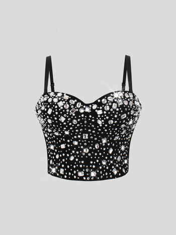 Body halter cu spate deschis, lungime ultra scurtă ≤40 cm; decor cu perle și diamante; model 3D; amestec poliester-spandex; croială Slim