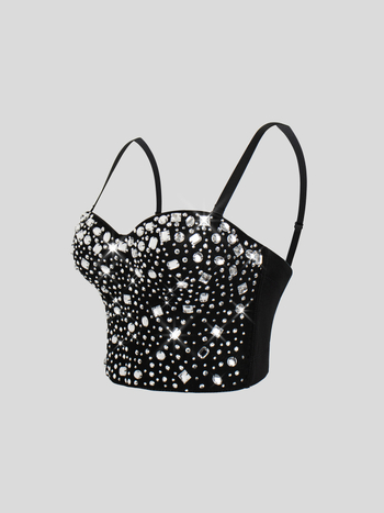 Κορμάκι halter με ανοιχτή πλάτη, Ultra-Short μήκος ≤40 εκ; Διακοσμημένο με μαργαριτάρια και διαμάντια; 3D μοτίβο; Πολυεστερικό ύφασμα με ελαστικότητα; Slim Fit