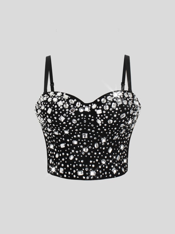 Body halter cu spate deschis, lungime ultra scurtă ≤40 cm; decor cu perle și diamante; model 3D; amestec poliester-spandex; croială Slim