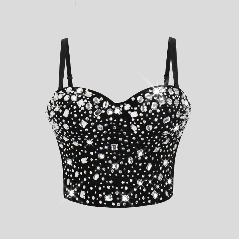 Body halter cu spate deschis, lungime ultra scurtă ≤40 cm; decor cu perle și diamante; model 3D; amestec poliester-spandex; croială Slim