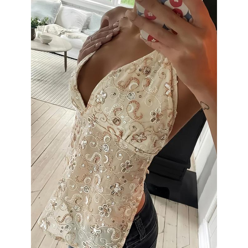 Gėlėto rašto kamisolė su blizgučiais, šifonas, siauras kirpimas