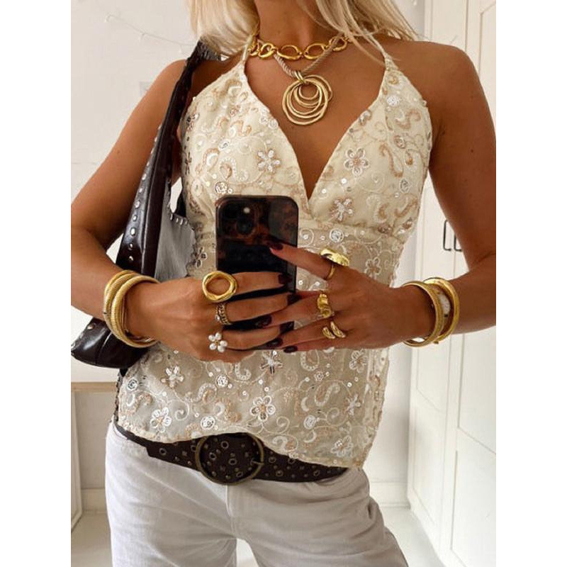 Gėlėto rašto kamisolė su blizgučiais, šifonas, siauras kirpimas