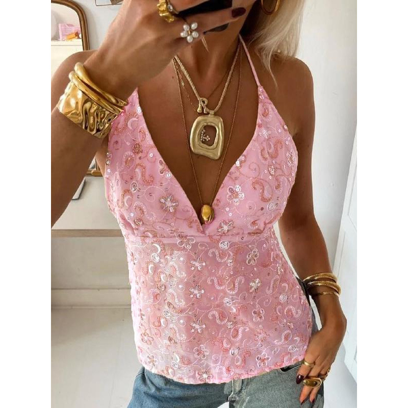 Gėlėto rašto kamisolė su blizgučiais, šifonas, siauras kirpimas