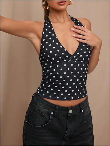 Τοπ halter χωρίς πλάτη με V-λαιμό, άνετη εφαρμογή, πολυεστέρας 95%+, για ενήλικες γυναίκες, άνοιξη 2025