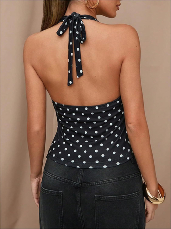 Τοπ halter χωρίς πλάτη με V-λαιμό, άνετη εφαρμογή, πολυεστέρας 95%+, για ενήλικες γυναίκες, άνοιξη 2025