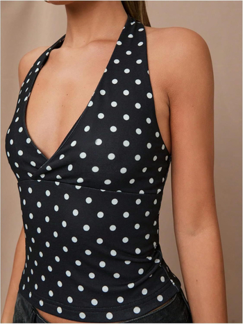 Τοπ halter χωρίς πλάτη με V-λαιμό, άνετη εφαρμογή, πολυεστέρας 95%+, για ενήλικες γυναίκες, άνοιξη 2025