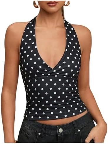 Top halter fără bretele, decolteu în V, croială lejeră, poliester 95%+, pentru femei adulte, primăvara 2025