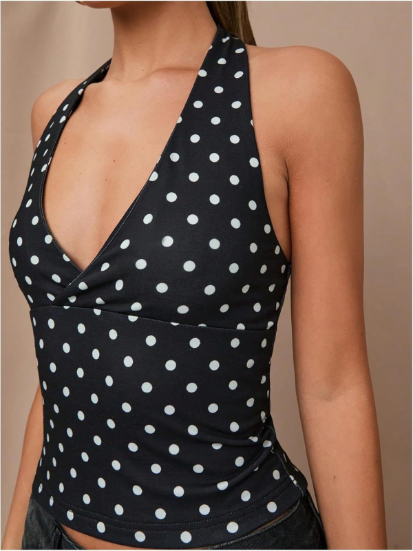 Top halter fără bretele, decolteu în V, croială lejeră, poliester 95%+, pentru femei adulte, primăvara 2025