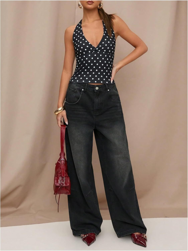 Top halter fără bretele, decolteu în V, croială lejeră, poliester 95%+, pentru femei adulte, primăvara 2025