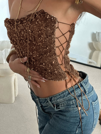 Bustier κορμάκι χωρίς τιράντες με παγιέτες, κοντό μήκος 40–50 cm, πολυεστέρας 90–95%, ρετρό στυλ, 2025 καλοκαίρι