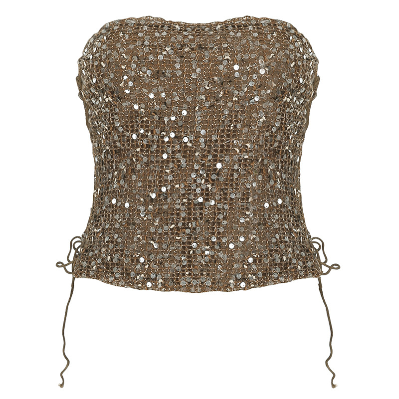 Bustier fără bretele cu paiete, lungime scurtă 40–50 cm, poliester 90–95%, stil retro, vară 2025